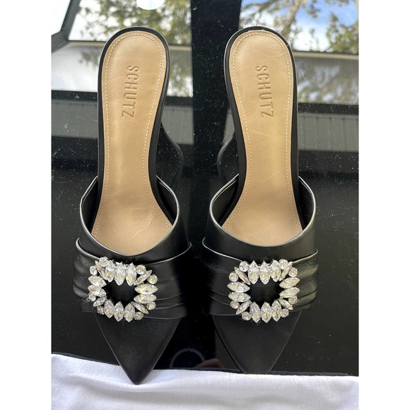SCHUTZ Meisho Mid Heel Mule Sparkly Jeweled Crystal Black Leather Size 10 - Picture 3 of 7